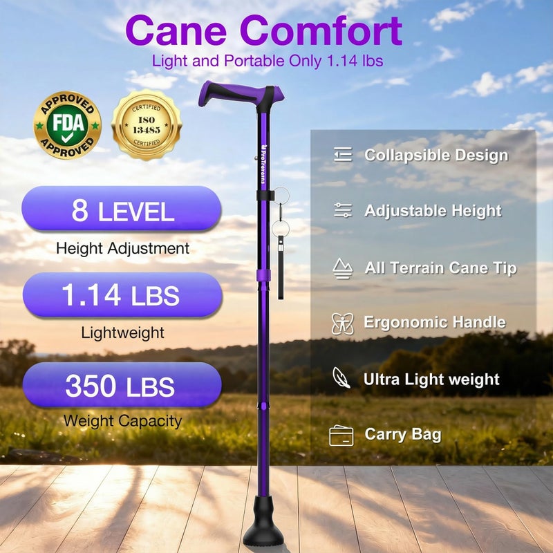 ProTraverse Walking Cane for Men & Women,Foldable,Adjustable,Self Standing Cane with Wrist Strap&Tag,350lbs Heavy Duty,All Terrain,Collapsible Walking Sticks for Seniors & Adults,Purple - Image 2