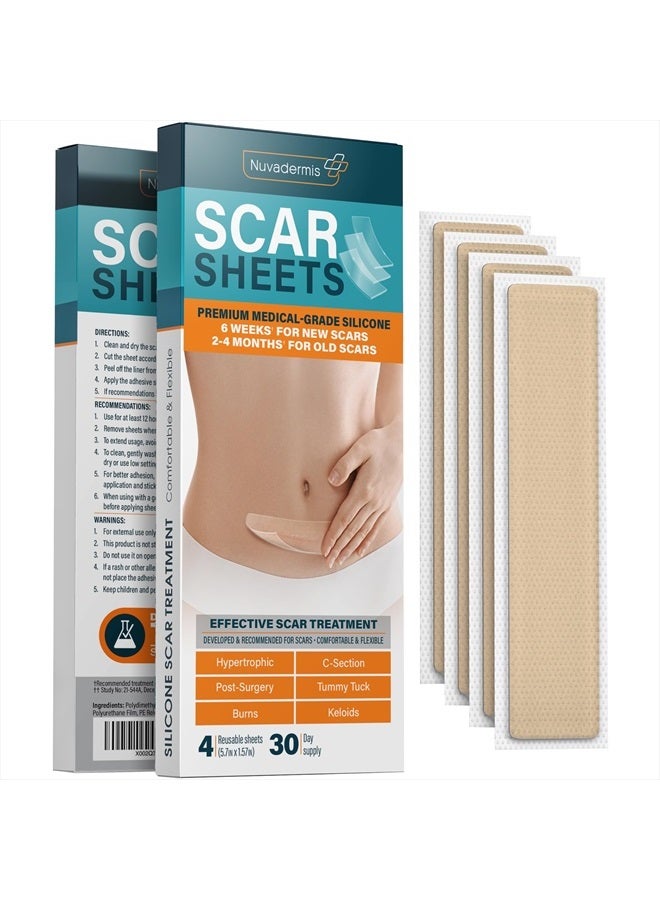 Nuvadermis شرائح سيليكون للندبات، شريط، شرائط - مختبرة في الولايات المتحدة - علاج الكيلويد، عملية قيصرية، شد البطن - ككريم جراحي، جل، لاصق، ضمادة، وسادة - علاج ندبات الجراحة - 4 عبوات 5.7"x1.57" - Image 1