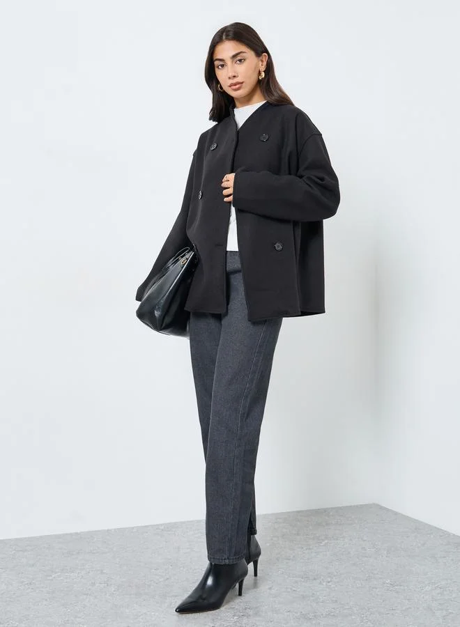 Styli Styli Black Solid Stand Collar Drop Shoulder Coat