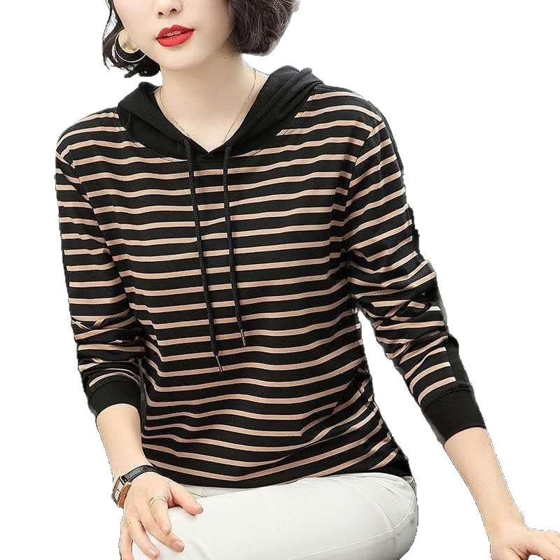 2022 New Autum 95 Cotton T-Shirt Women'S Long-Sleeved Middle-Aged Mother'S Wear Loose Stripesd Hooded Top Trbottomy T-Shirt - Image 5