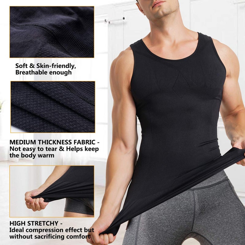 MOLUTAN Mens Compression Shirt Slimming Body Shaper Vest Sleeveless Waist Trainer Workout Tank Top Tummy Control Shapewear (Black, Medium-Large) - Image 3