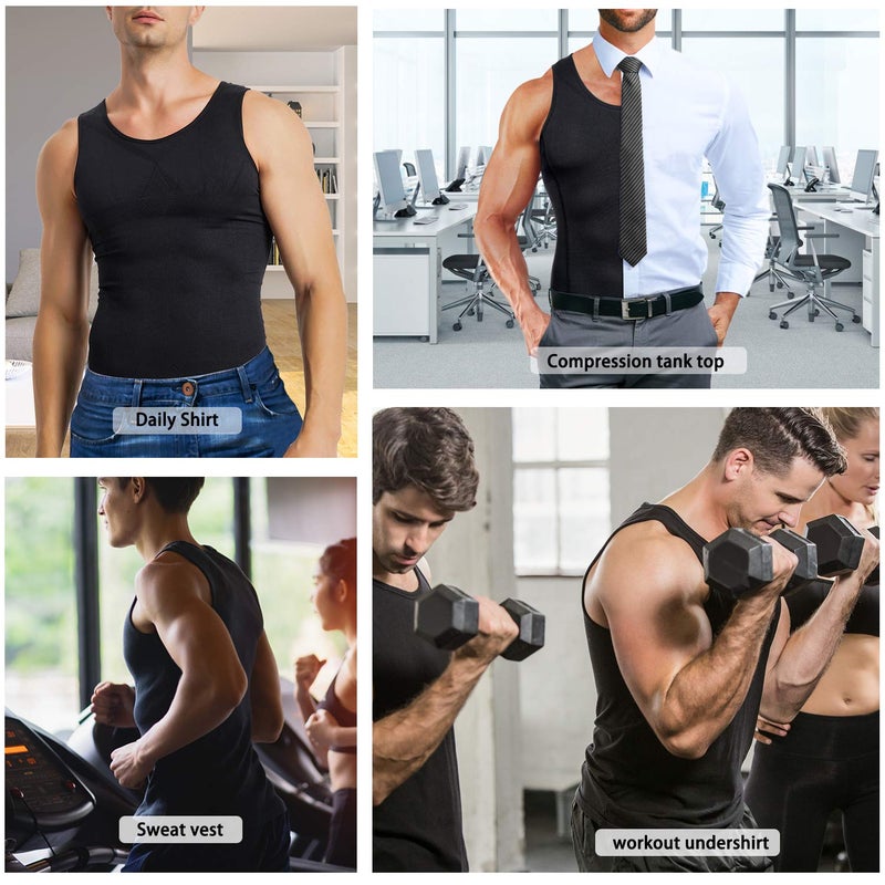 MOLUTAN Mens Compression Shirt Slimming Body Shaper Vest Sleeveless Waist Trainer Workout Tank Top Tummy Control Shapewear (Black, Medium-Large) - Image 5
