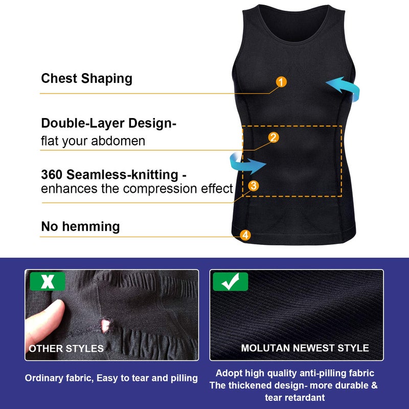 MOLUTAN Mens Compression Shirt Slimming Body Shaper Vest Sleeveless Waist Trainer Workout Tank Top Tummy Control Shapewear (Black, Medium-Large) - Image 2