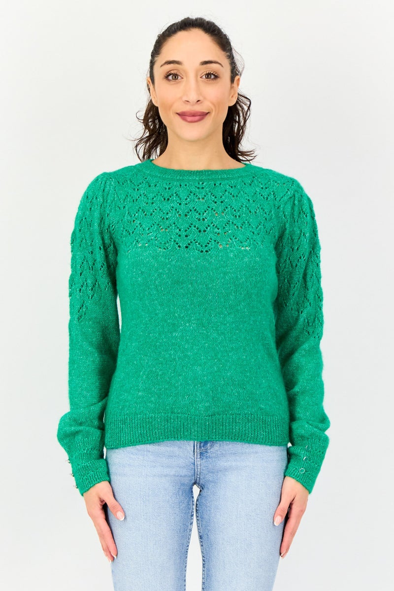 promod Women Crew Neck Knitted Long Sleeve Sweater, Green - Image 1