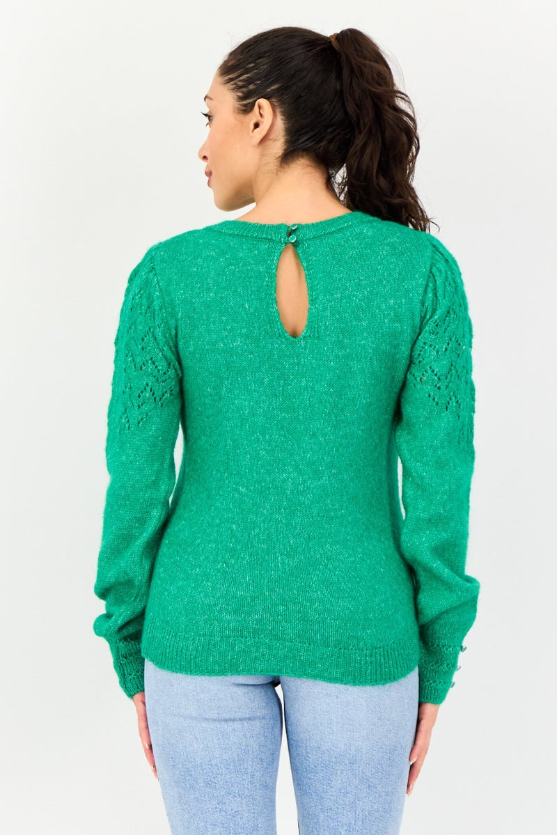 promod Women Crew Neck Knitted Long Sleeve Sweater, Green - Image 3