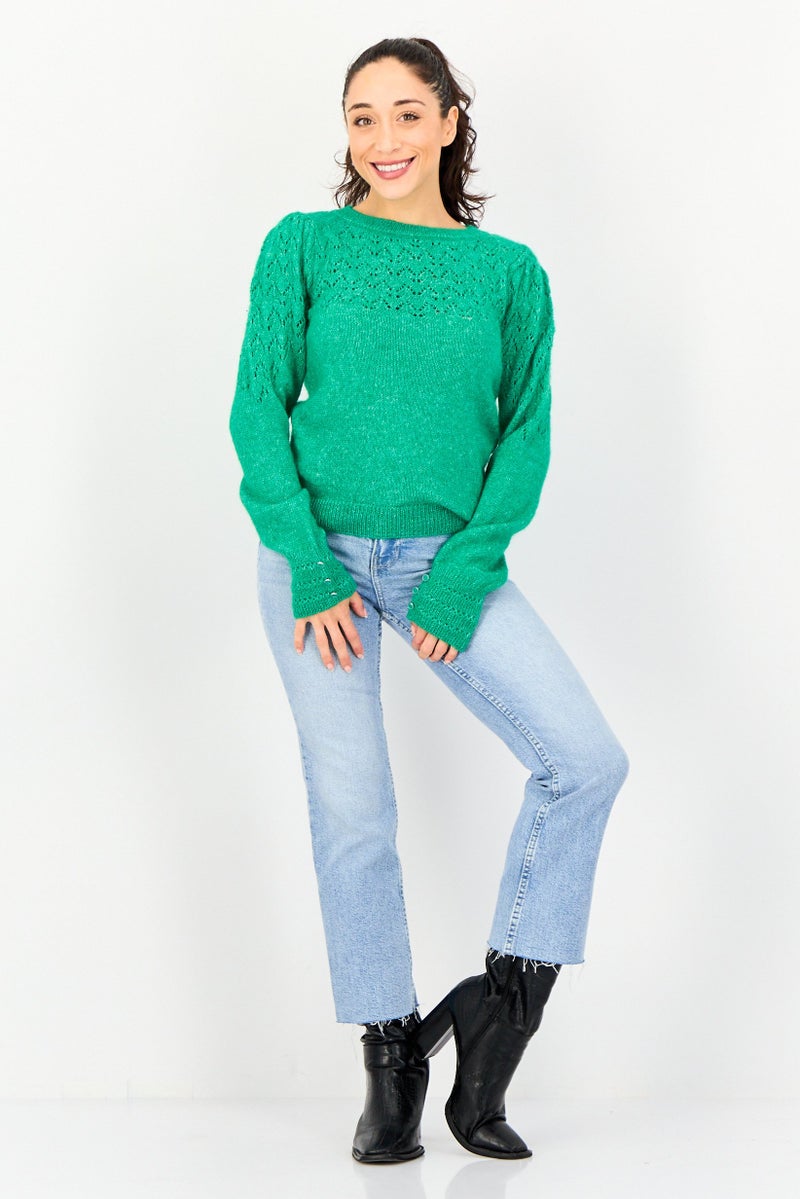 promod Women Crew Neck Knitted Long Sleeve Sweater, Green - Image 2
