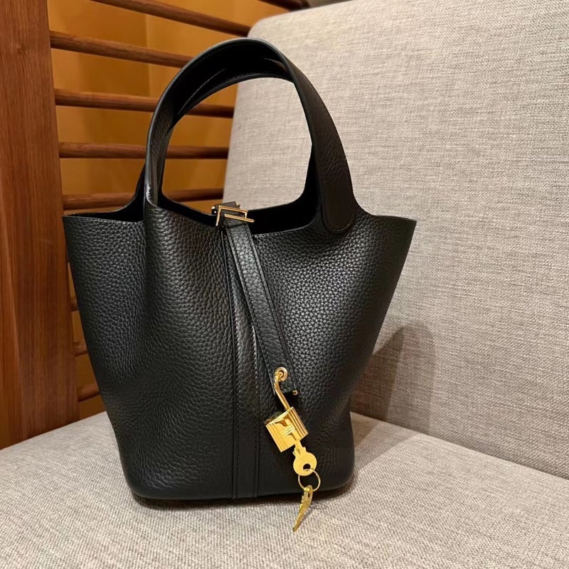 High-End Vegetable Basket Bag Tc Cowhide Handmade Wax Sewing Vegetable Basket Bucket Bag Genuine Leather Handbag For Women - Image 1