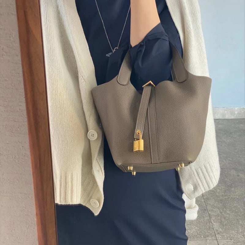 High-End Vegetable Basket Bag Tc Cowhide Handmade Wax Sewing Vegetable Basket Bucket Bag Genuine Leather Handbag For Women - Image 4