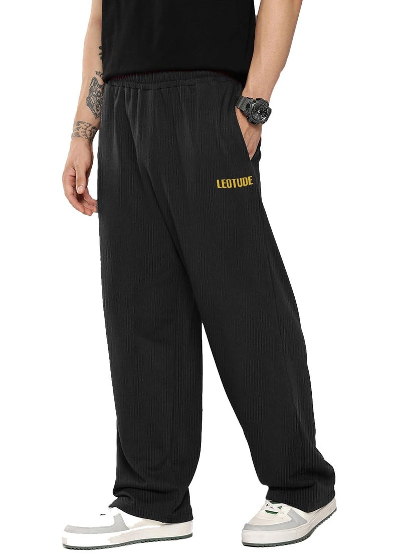 LEOTUDE Men Textured Stylish Straight Fit Trousers | Stylish Loose Fit Track Mid Rise Pants (TRK209_P_Black_S) - Image 1