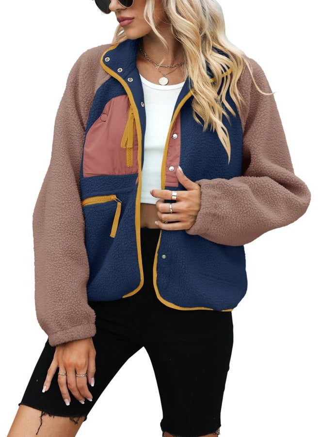 Yanekop Womens Fleece Jacket Fuzzy Long Sleeve Short Winter Coats Button Down Sherpa Jacket Outerwear with Pockets, B Navy Khaki, XS - Image 2