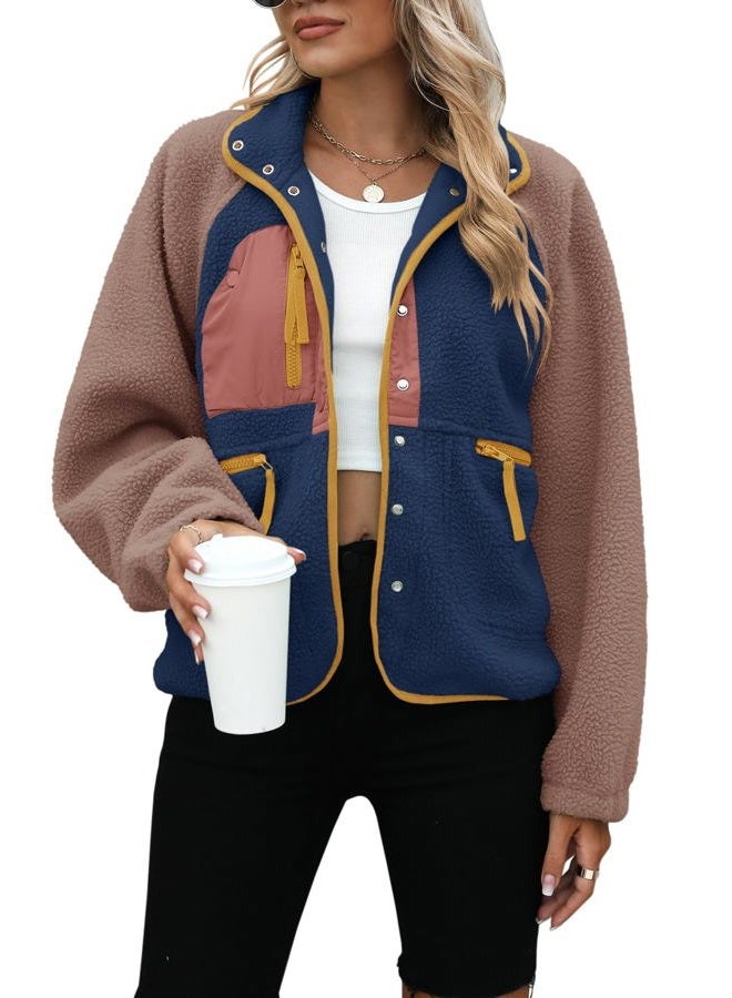 Yanekop Womens Fleece Jacket Fuzzy Long Sleeve Short Winter Coats Button Down Sherpa Jacket Outerwear with Pockets, B Navy Khaki, XS - Image 1