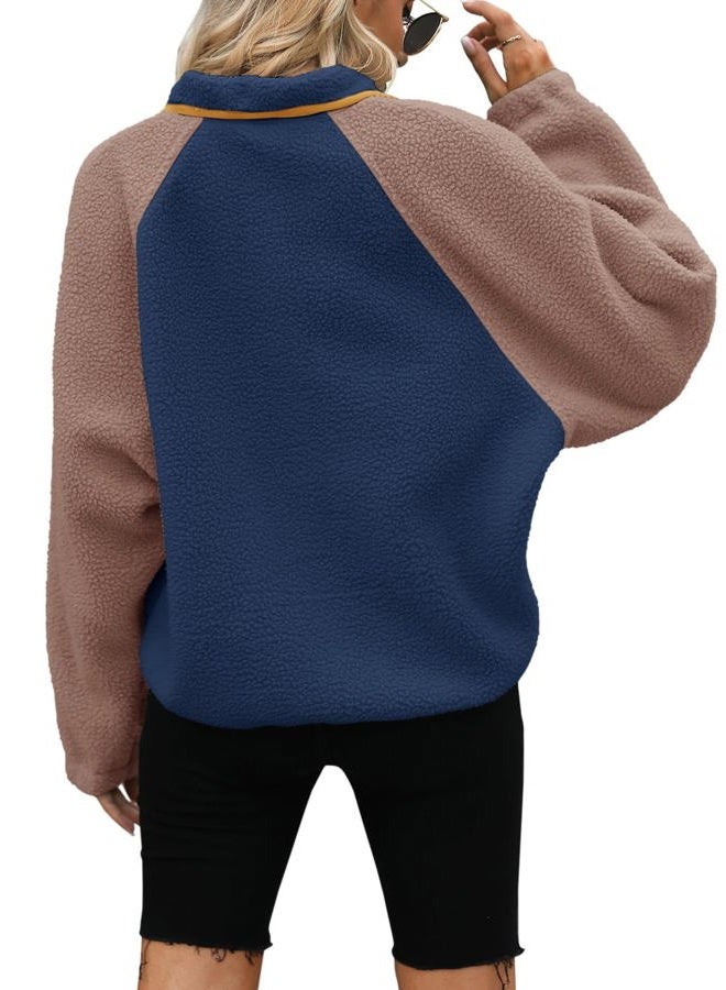 Yanekop Womens Fleece Jacket Fuzzy Long Sleeve Short Winter Coats Button Down Sherpa Jacket Outerwear with Pockets, B Navy Khaki, XS - Image 4