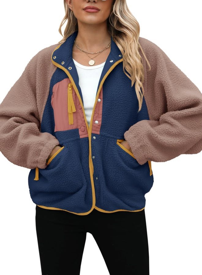 Yanekop Womens Fleece Jacket Fuzzy Long Sleeve Short Winter Coats Button Down Sherpa Jacket Outerwear with Pockets, B Navy Khaki, XS - Image 3
