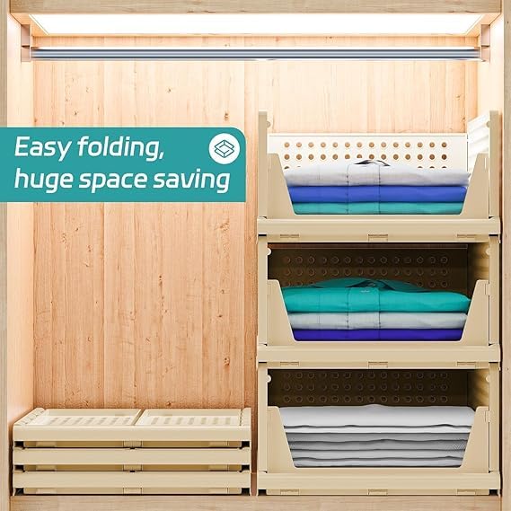 JEYANG Foldable Plastic Wardrobe Organizer - Stackable Storage Solution for Clothes, Ideal for Bathroom, Kitchen, and Bedroom Use (Pack of 12, Yellow) - Image 4