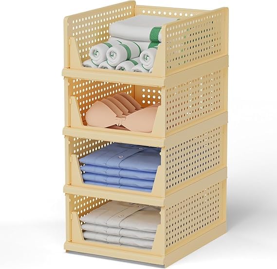 JEYANG Foldable Plastic Wardrobe Organizer - Stackable Storage Solution for Clothes, Ideal for Bathroom, Kitchen, and Bedroom Use (Pack of 12, Yellow) - Image 1