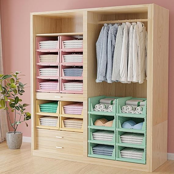 JEYANG Foldable Plastic Wardrobe Organizer - Stackable Storage Solution for Clothes, Ideal for Bathroom, Kitchen, and Bedroom Use (Pack of 12, Yellow) - Image 5
