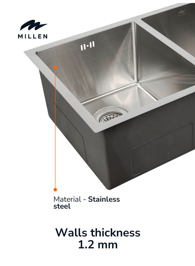 MILLEN Premium Handmade Undermount Double Bowl Sink  – SUS 304 Stainless Steel, Soundproof, Satin Finish - MSDB12764525SS - Image 3