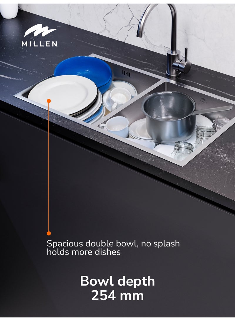 MILLEN Premium Handmade Undermount Double Bowl Sink  – SUS 304 Stainless Steel, Soundproof, Satin Finish - MSDB12764525SS - Image 5