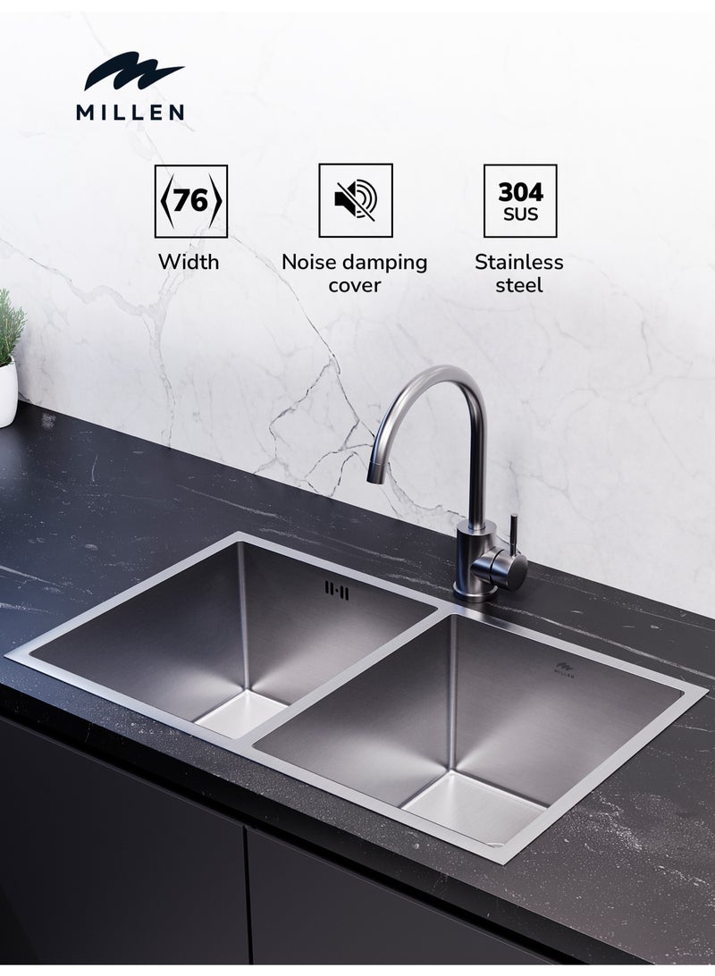 MILLEN Premium Handmade Undermount Double Bowl Sink  – SUS 304 Stainless Steel, Soundproof, Satin Finish - MSDB12764525SS - Image 1