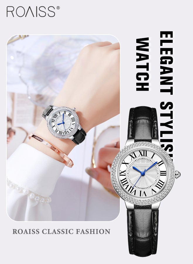 roaiss Leather Strap Quartz Watch for Women Analog Display Round Dial with Diamonds Decorated Bezel Waterproof Elegant Wristwatch as Gift for Ladies, Black - Image 1