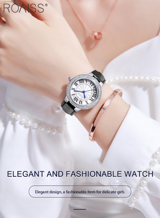 roaiss Leather Strap Quartz Watch for Women Analog Display Round Dial with Diamonds Decorated Bezel Waterproof Elegant Wristwatch as Gift for Ladies, Black - Image 2