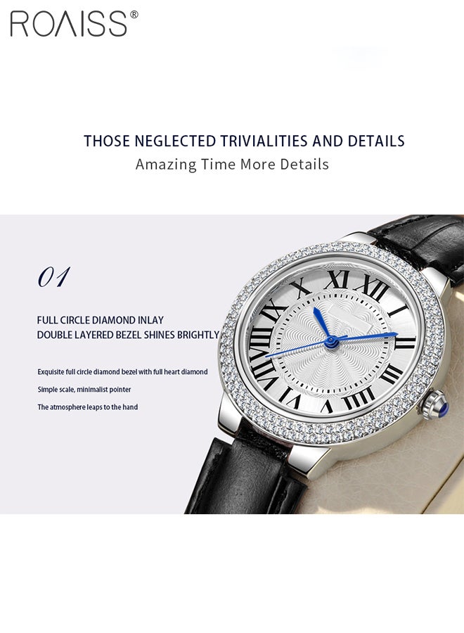 roaiss Leather Strap Quartz Watch for Women Analog Display Round Dial with Diamonds Decorated Bezel Waterproof Elegant Wristwatch as Gift for Ladies, Black - Image 5