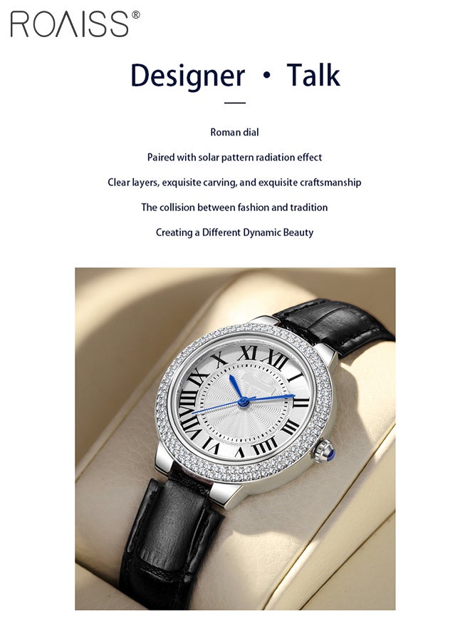 roaiss Leather Strap Quartz Watch for Women Analog Display Round Dial with Diamonds Decorated Bezel Waterproof Elegant Wristwatch as Gift for Ladies, Black - Image 3