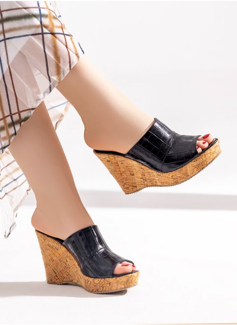 Slipper Wedge Leather W-11 - Black