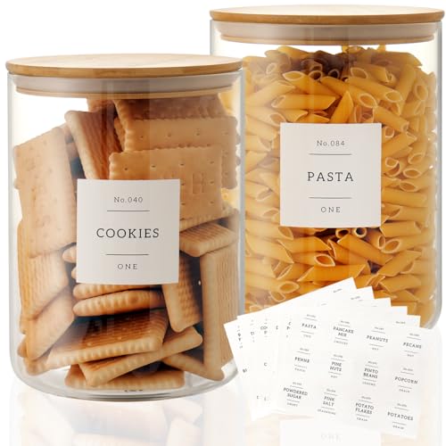CZZGSM Set of 2 Large Glass Flour and Sugar Containers - 100 Fl oz Thicken Glass Storage Jars with Airtight Bamboo Lid and 132 Kitchen Pantry Labels - Big Clear Rice Containers Farmhouse - Image 1
