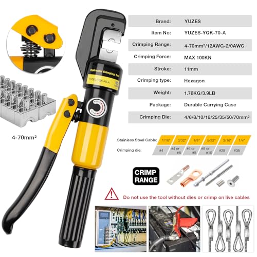 YUZES Hydraulic Crimping Tool 10 Tons, 12 AWG to 2/0 Battery Cable Crimper Tool with 9 Dies, Easy to Operate Hydraulic Wire Crimping Tool Kit for Wire Rope, Battery Cable Ends Ring Terminals - Image 2