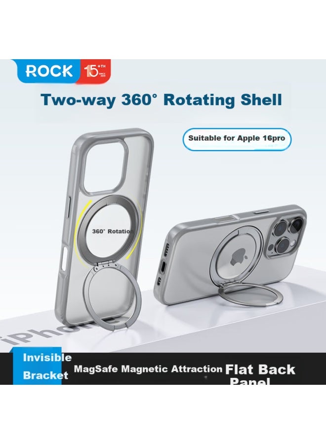 Rock Apple 16 Pro Phone Case Iphone 16 Pro Protective Cover Magsafe Magnetic Rotating Stand Anti-drop Full Cover Aluminum Alloy Semi-transparent Simple Men And Women Gray - Image 1