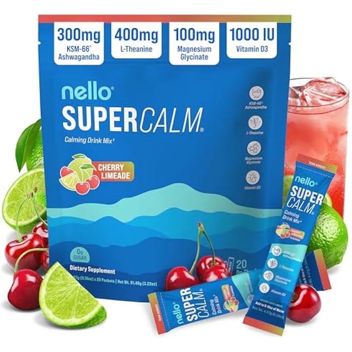 Nello Supercalm Powdered Drink Mix, Cortisol Reducer* and Sleep Aid Supplement, L Theanine, Ksm-66 Ashwagandha, Magnesium Glycinate, Vitamin D 3, No Sugar, Non GMO, On The Go, 20 Ct, Cherry Limeade - Image 1