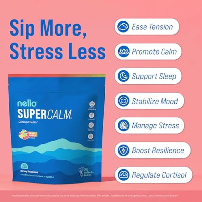 Nello Supercalm Powdered Drink Mix, Cortisol Reducer* and Sleep Aid Supplement, L Theanine, Ksm-66 Ashwagandha, Magnesium Glycinate, Vitamin D 3, No Sugar, Non GMO, On The Go, 20 Ct, Cherry Limeade - Image 3