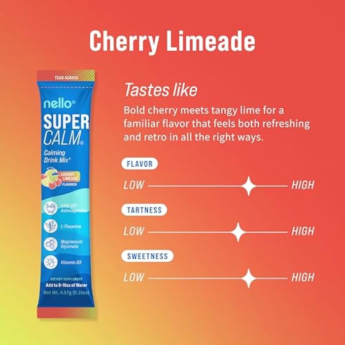 Nello Supercalm Powdered Drink Mix, Cortisol Reducer* and Sleep Aid Supplement, L Theanine, Ksm-66 Ashwagandha, Magnesium Glycinate, Vitamin D 3, No Sugar, Non GMO, On The Go, 20 Ct, Cherry Limeade - Image 2