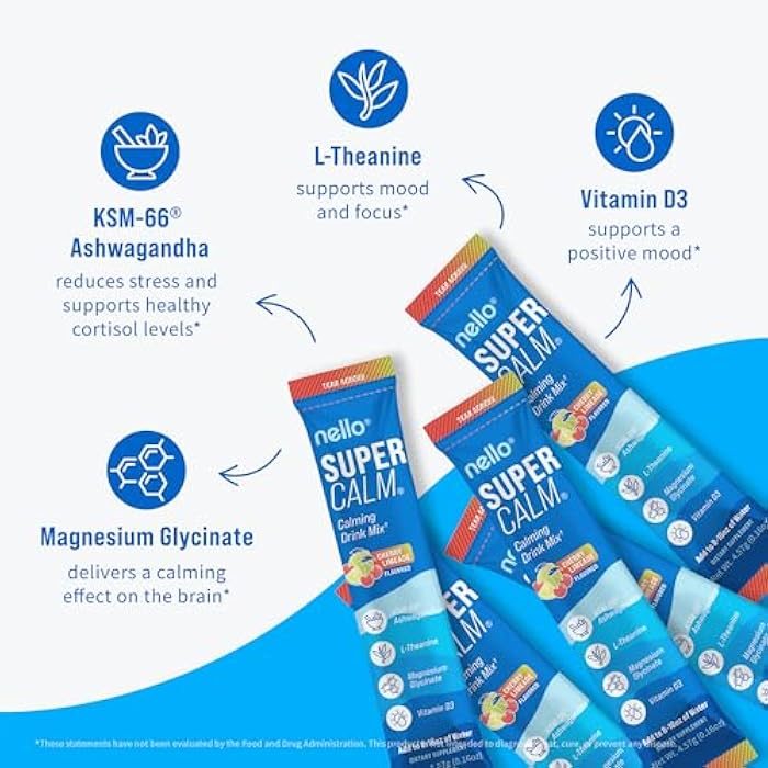 Nello Supercalm Powdered Drink Mix, Cortisol Reducer* and Sleep Aid Supplement, L Theanine, Ksm-66 Ashwagandha, Magnesium Glycinate, Vitamin D 3, No Sugar, Non GMO, On The Go, 20 Ct, Cherry Limeade - Image 5