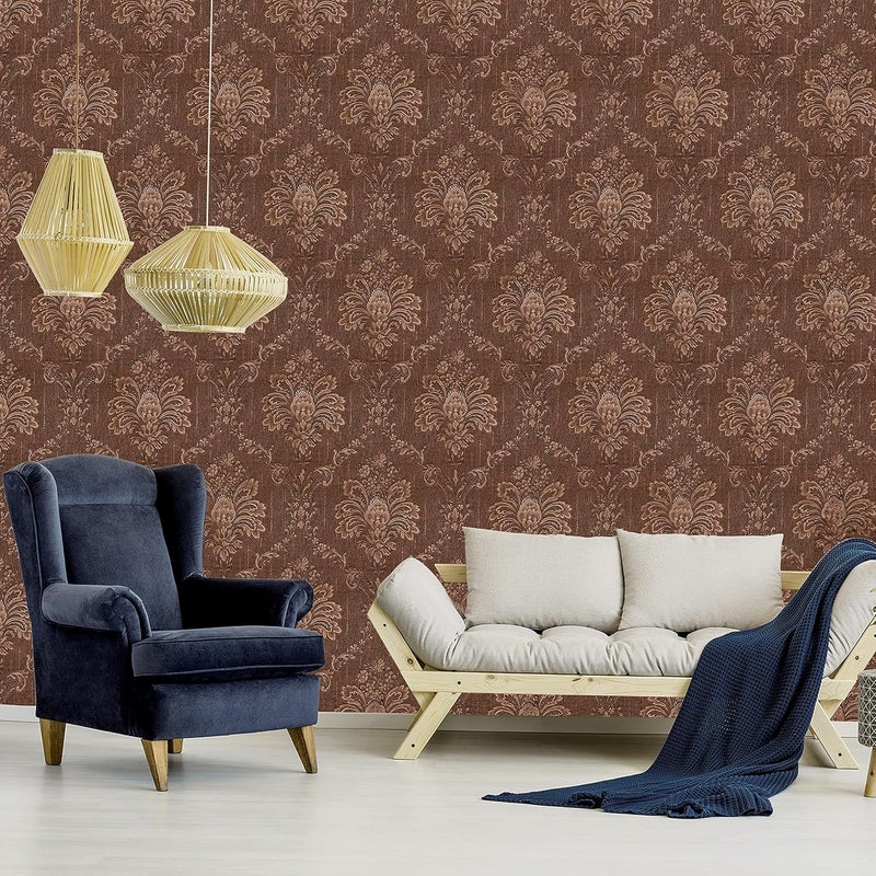wolpin ملصقات حائط وولبين ورق جدران داماسك DIY (45 × 300 سم) لاصقة ذاتيًا ملصقات غرفة المعيشة ديكور داخلي منزلي، بني - Image 3
