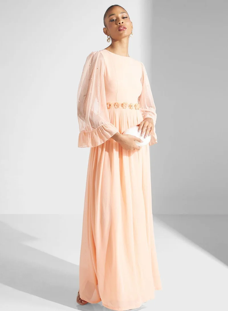 Golden Apple Floral Belted Maxi Dress