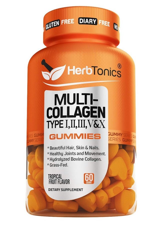 Herbtonics - Multi Collagen Gummies Type 1235 & 10 With Biotin For Hair Growth Skin Nails; Supplement Formula For Anti Aging; Skin Care; Peptide With Vitamin C + Zinc For Women & Men (Tropical) - Image 1