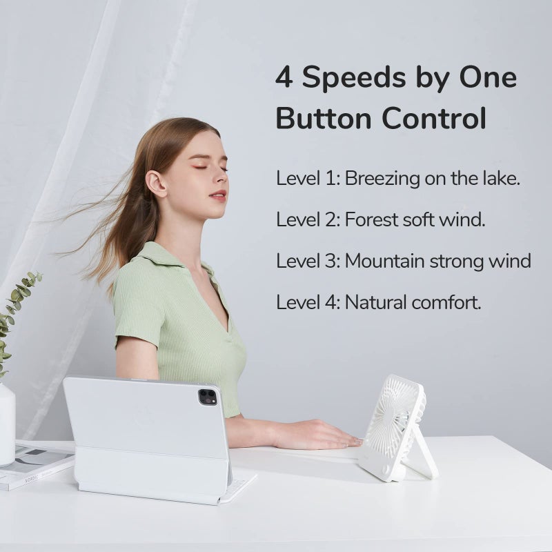 JISULIFE Desk Fan Battery Rechargeable, 4500mAh 180Â°Foldable Portable Personal Fan, 4 Speeds Adjustable Long Battery-life for Home Office Travel Outdoor Gifts for Women Men-White - Image 2
