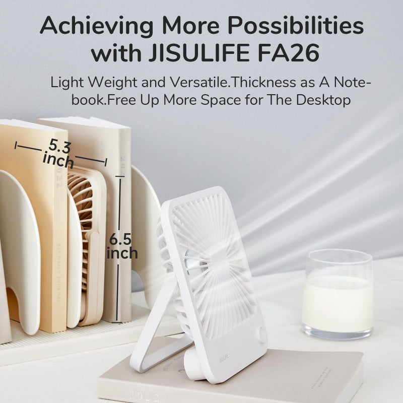 JISULIFE Desk Fan Battery Rechargeable, 4500mAh 180Â°Foldable Portable Personal Fan, 4 Speeds Adjustable Long Battery-life for Home Office Travel Outdoor Gifts for Women Men-White - Image 4
