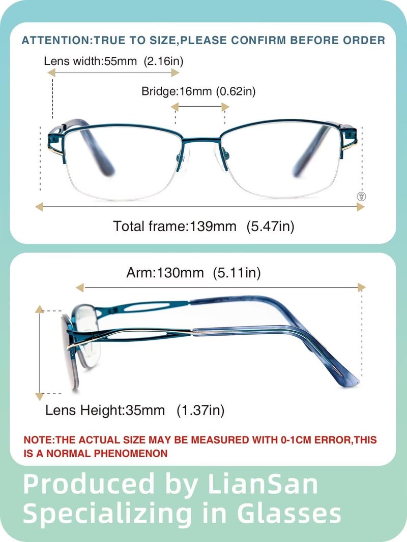 LianSan Metal Zero Top Progressive Multifocus Reading Glasses - for Women Half-Rim Blue Light Blocking Readers Clear Top Blue 2.50 - Image 4