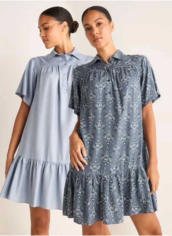 FAV Set of 2 - Assorted Night Dress with Collar and Short Sleeves