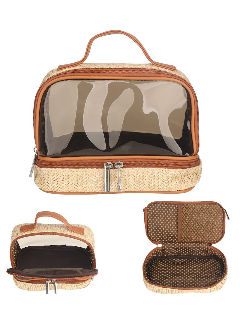 Excefore Boho Straw Makeup Bag, Large Toiletry Bag for Women, Double Layer Cosmetic Bag, Travel Makeup Bag, Portable Boho Straw Bag, Makeup Bag for Girls Travel Bathroom (Khaki) - Image 1