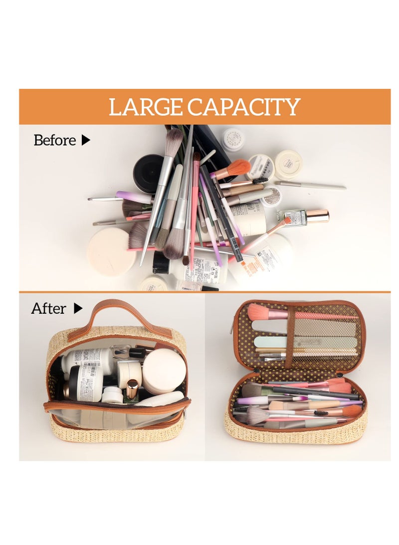 Excefore Boho Straw Makeup Bag, Large Toiletry Bag for Women, Double Layer Cosmetic Bag, Travel Makeup Bag, Portable Boho Straw Bag, Makeup Bag for Girls Travel Bathroom (Khaki) - Image 2