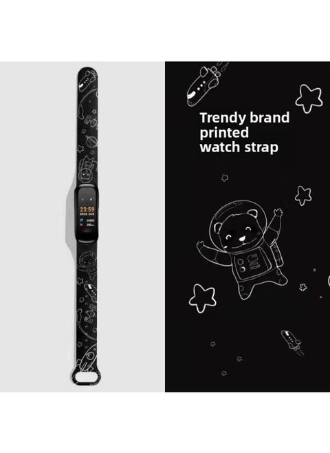 For Mi Band 3/4 Strap Mi Band 5/6 Generation Cartoon Printed Mi Band 7 Replacement Wristband Now-Color:Black Panda Astronaut-Specifications:Meters 8/9 Universal