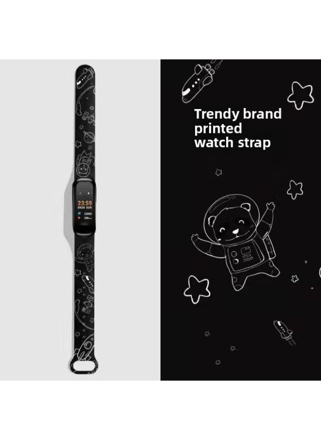 Generic For Mi Band 3/4 Strap Mi Band 5/6 Generation Cartoon Printed Mi Band 7 Replacement Wristband Now-Color:Black Panda Astronaut-Specifications:Meters 8/9 Universal  - Image 1