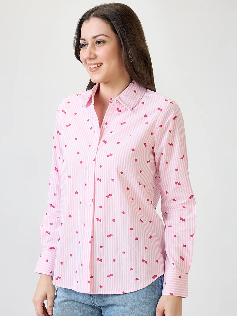 globus Women Pink Hearts Printed Spread Collar Cuff Sleeves Shirt