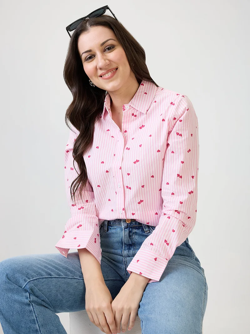 globus Women Pink Hearts Printed Spread Collar Cuff Sleeves Shirt