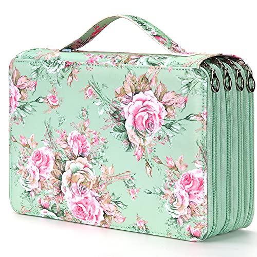 Vomgomfom Colored Pencil Case - 200 Slots Pencil Holder with Zipper Closure Twill Fabric Large Capacity Pencil Case for Watercolor Pens or Markers, Pencil Case Organizer for Artist or Student (Green Rose) - Image 1