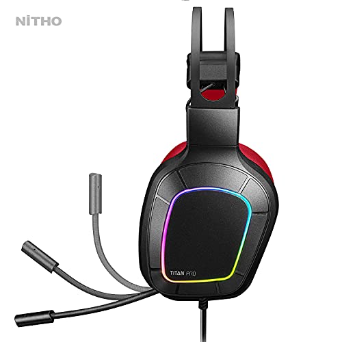 Nitho Titan PRO 7.1 Surround Gaming Headset with Cardioid Microphone for PS5, PS4, PC, Laptop, Over-Ear Stereo Wired Gaming Headphones with RGB LED Light, 3.5 mm Audio Jack, 50 mm Drivers - Red - Image 2